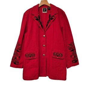 Vintage Valencia Blazer Bright Red Black Floral‎ Studded Embroidered Jacket Sz L